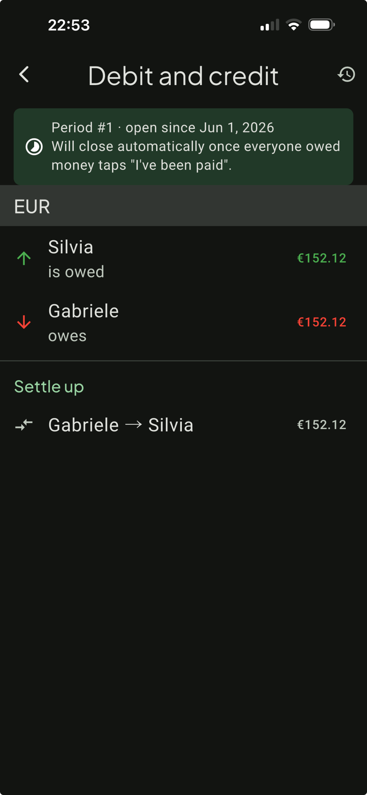 Debit and credit view, showing who is owed and who owes, and the settle-up transfers to zero everyone out.