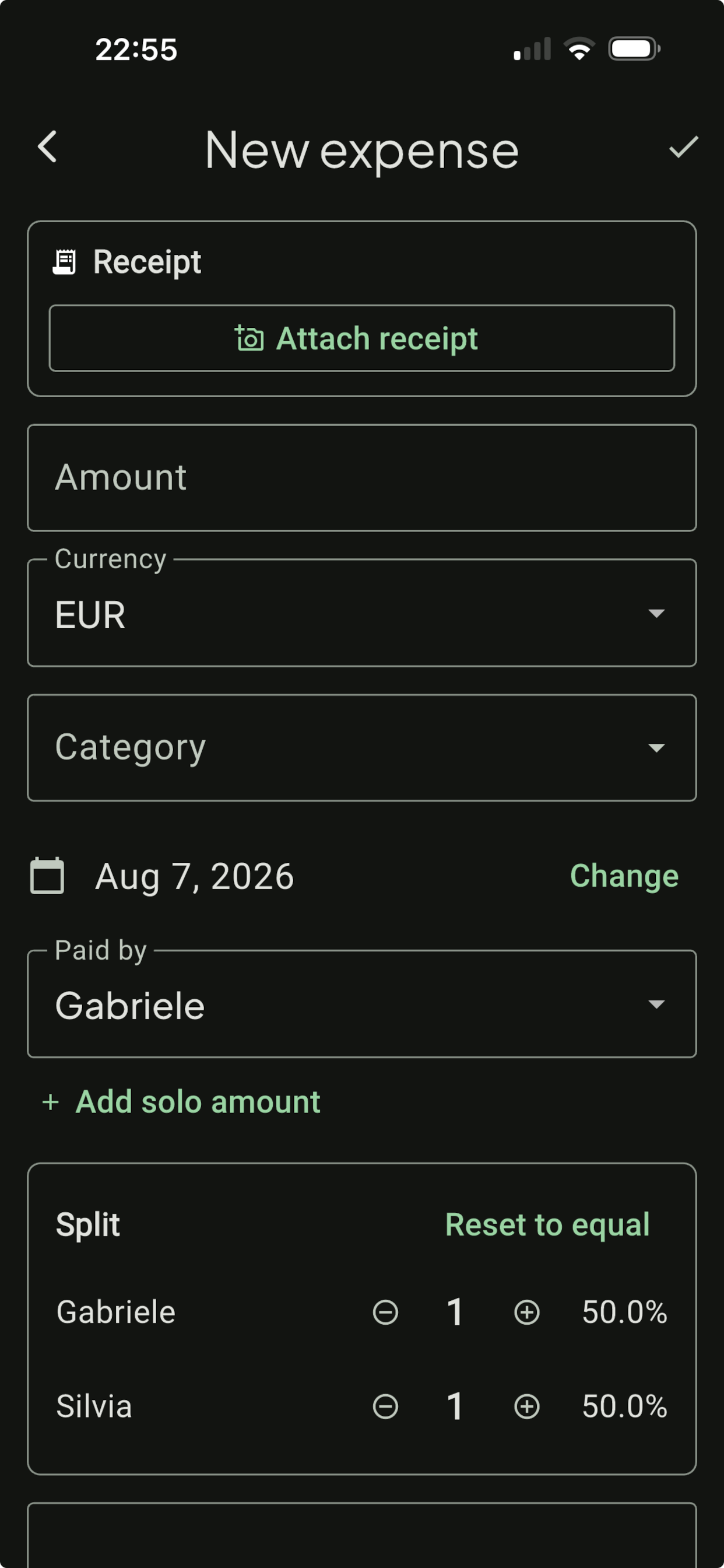 The new-expense screen, with receipt attachment, amount, currency, category, payer and split.